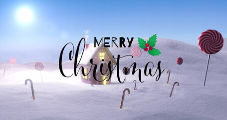 Glowing gingerbread house sitting on snowy field, Merry Christmas overlay, swirl lollipops