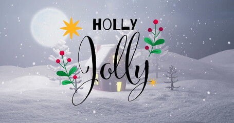 Depicting snowy cabin under full moon with HOLLY Jolly text, holly branches and falling snowflakes