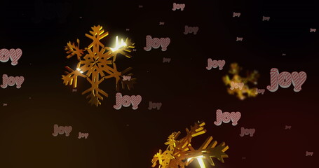 Drifting large golden 3D snowflake over dark gradient backdrop, pastel striped joy text, copy space