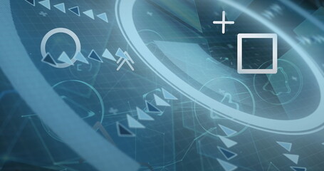 Showing rings in VR control panel with arrows, plus square icons, grid lines and network lines
