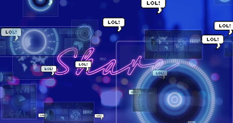 Floating neon pink Share text hovering at digital interface, with LOL bubbles, data and HUD circles
