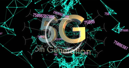 Gold 5G lettering floating in digital space, with HUD rings, teal mesh network and magenta numbers