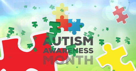 Showing AUTISM AWARENESS MONTH on gradient with red, yellow and multicolor puzzles, green fragments