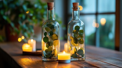Two glass bottles, filled with eucalyptus leaves, sit on a wooden table, lit by candles