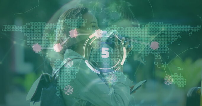 Pausing student checking smartphone and sipping water on campus, with backpack and digital overlay