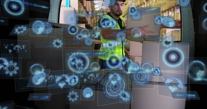 Warehouse worker in safety vest arranging cardboard boxes in warehouse, with shelving and holograms - Powered by Adobe