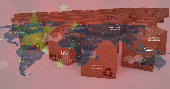 Filling cardboard boxes showing recycling codes in depot, world map network info over Chinese flag