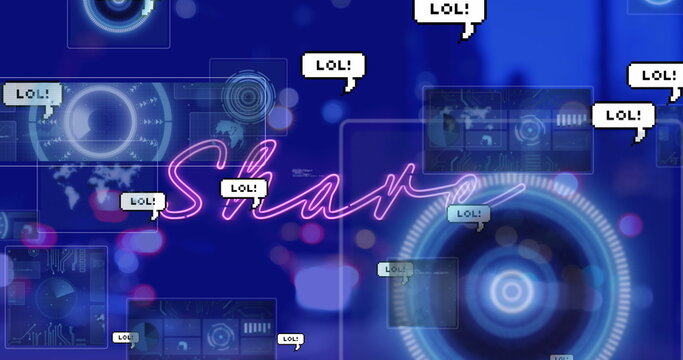 Floating neon pink Share text hovering at digital interface, with LOL bubbles, data and HUD circles