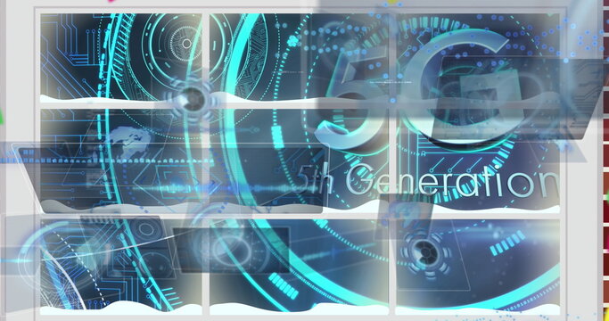 Displaying white metal grid panels with holographic UI and 5G 5th Generation text in control room