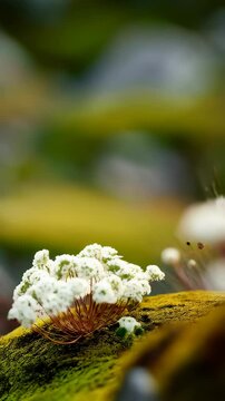 Delicate white clubmoss plants with fruiting bodies growing on mossy rocks in a natural outdoor setting