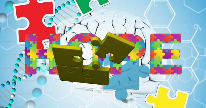 Displaying puzzle-piece HOPE hovering with floating puzzle pieces in backdrop with DNA, brain model