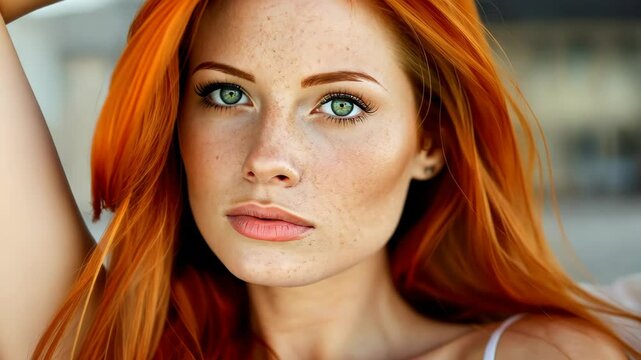 Radiant Redhead Beauty: A beautiful redhead model with captivating green eyes and delicate freckles gazes confidently, her fiery hair a striking contrast against her flawless skin.