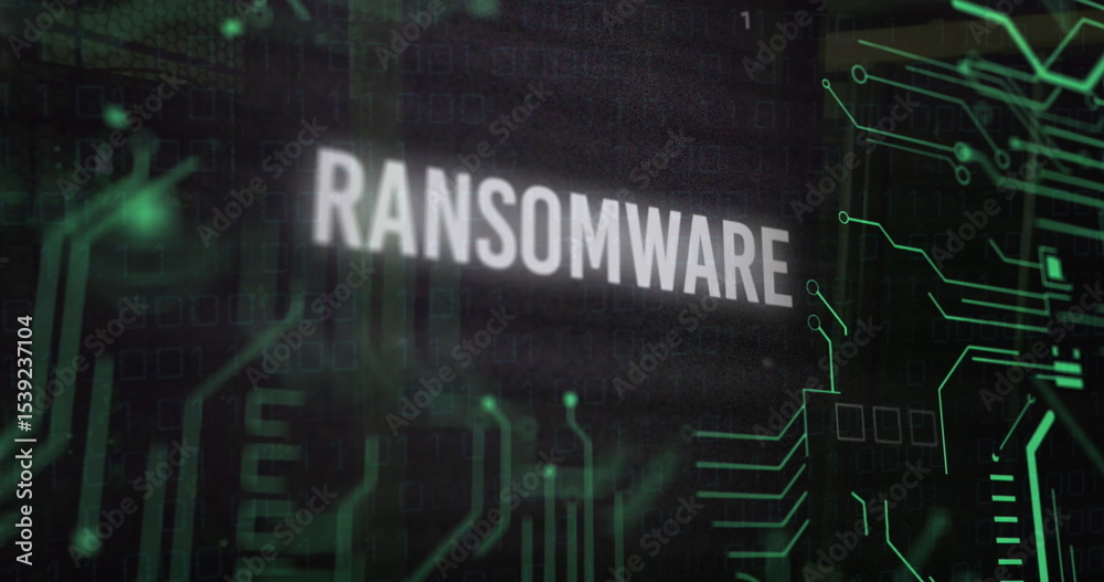Poster Displaying central white uppercase RANSOMWARE text on green circuit interface, with binary code