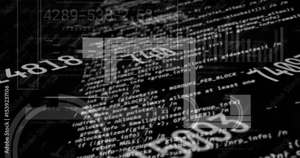 Poster floating white code blocks with numeric overlays, faint rectangles, bar charts, glyphs on dashboard