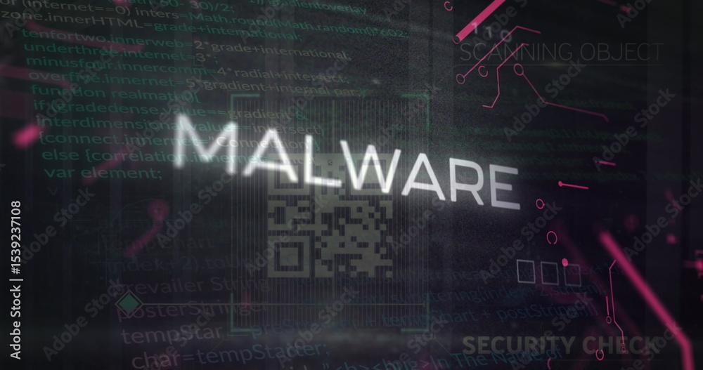 Poster displaying white malware text and qr code overlay on digital interface with magenta circuit lines