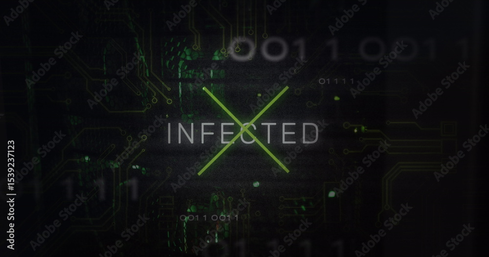 Poster displaying neon-green x graphic overlaying infected on cyber interface, with floating binary code