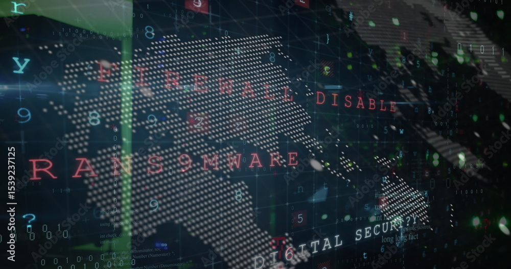 Poster Displaying dot matrix world map streaming red ransomware alert in cyber terminal, with binary code