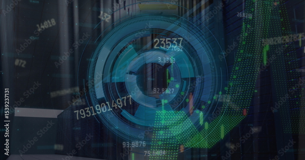 Poster showing circular hud element floating in server room, with candlestick bars and line graphs