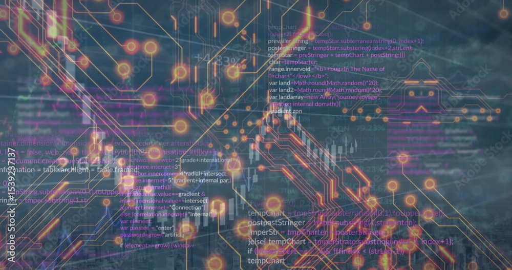 Poster Displaying network visualization with glowing nodes and circuit lines on dark blue grid, with code