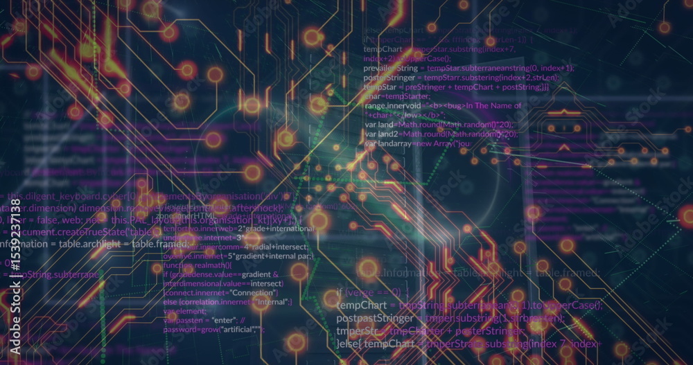  displaying circuit-and-code visualization in grid space, with copper traces, glowing nodes and code