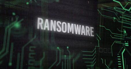Displaying central white uppercase RANSOMWARE text on green circuit interface, with binary code