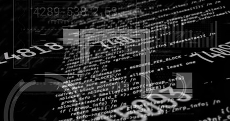 Floating white code blocks with numeric overlays, faint rectangles, bar charts, glyphs on dashboard