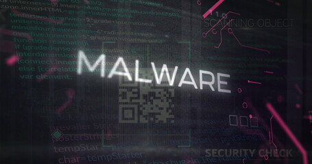 Displaying white MALWARE text and QR code overlay on digital interface with magenta circuit lines