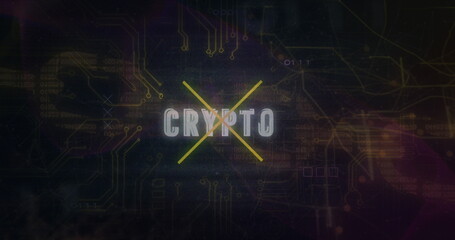 Featuring CRYPTO letters intersecting yellow lines over virtual circuit board, binary code overlays