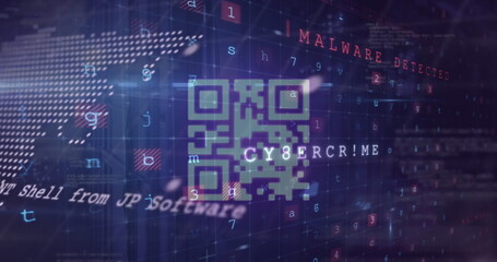 Neon-green QR code glitching over world map in circuit grid, with code fragments and malware alerts