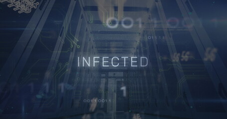 Displaying bold 'INFECTED' text floating through data center corridor, with binary code overlays
