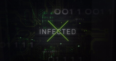 Displaying neon-green X graphic overlaying INFECTED on cyber interface, with floating binary code