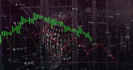 Displaying wireframe head floating in virtual space with binary code and candlestick charts