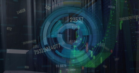 Showing circular HUD element floating in server room, with candlestick bars and line graphs