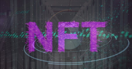 Large purple textured NFT letters floating in virtual corridor, with orbit rings and green pixels