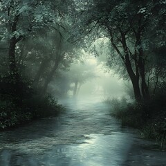 Obraz premium Misty forest path with water flowing through the trees creating a serene and ethereal landscape view