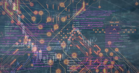 Displaying network visualization with glowing nodes and circuit lines on dark blue grid, with code
