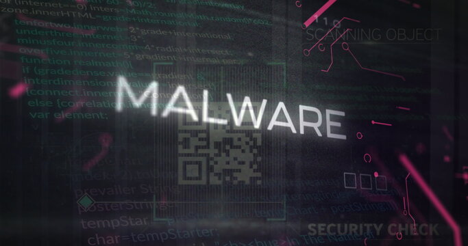 Displaying white MALWARE text and QR code overlay on digital interface with magenta circuit lines
