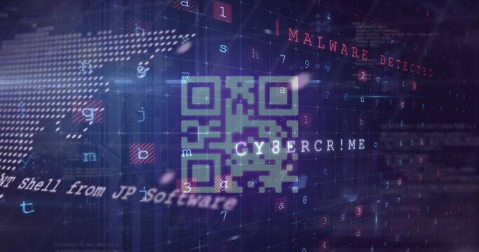 Neon-green QR code glitching over world map in circuit grid, with code fragments and malware alerts