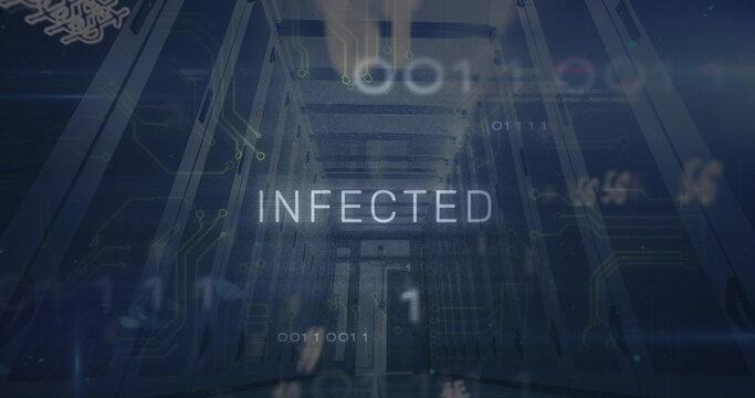 Displaying bold 'INFECTED' text floating through data center corridor, with binary code overlays