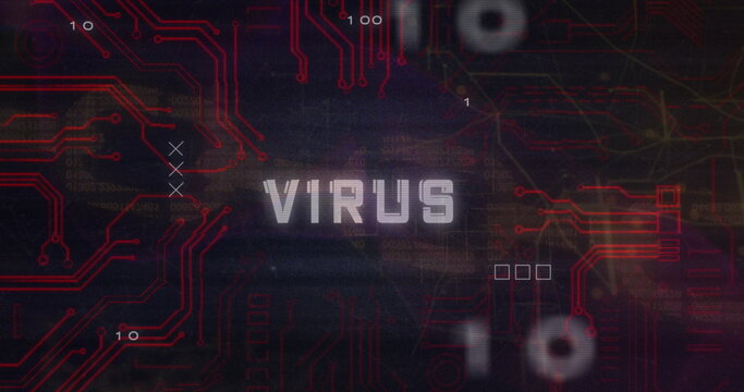 Showing stylized VIRUS text glitching on hacking interface, with red circuits, binary code, markers