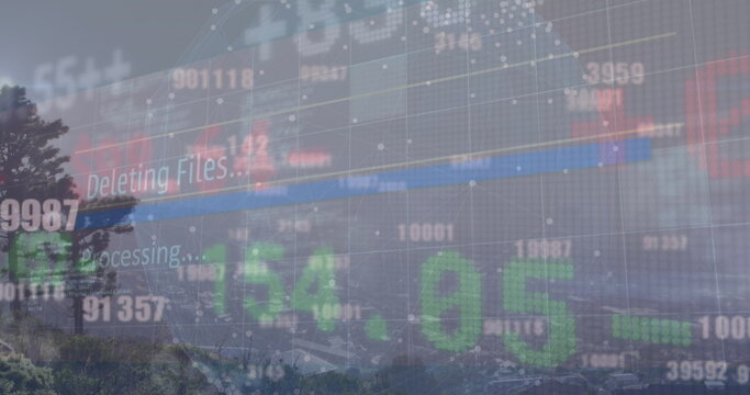 Displaying overlay showing numbers and grid, Deleting Files and processing prompts over hillside