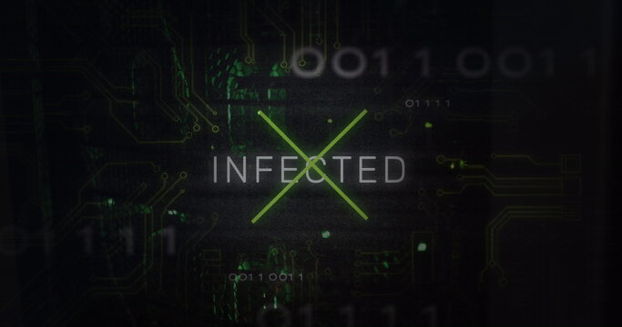 Displaying neon-green X graphic overlaying INFECTED on cyber interface, with floating binary code
