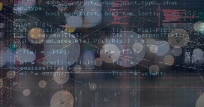 Displaying digital data dashboard visualization combining code overlay with network nodes and bokeh