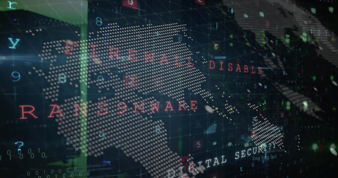 Displaying dot matrix world map streaming red ransomware alert in cyber terminal, with binary code - Powered by Adobe