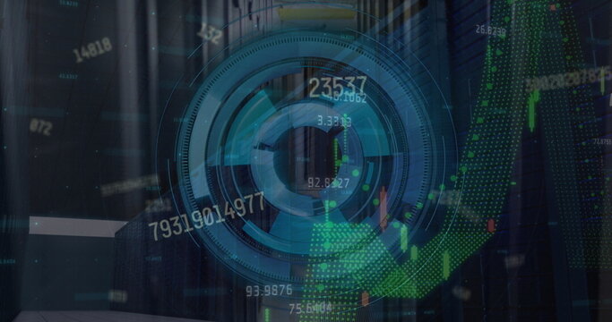 Showing circular HUD element floating in server room, with candlestick bars and line graphs - Powered by Adobe
