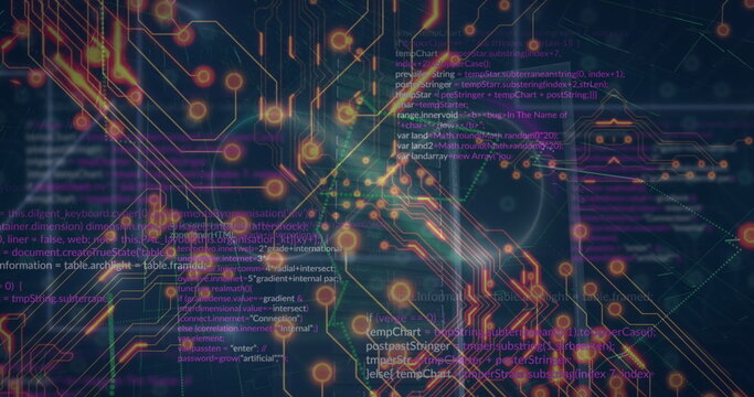 Displaying circuit-and-code visualization in grid space, with copper traces, glowing nodes and code