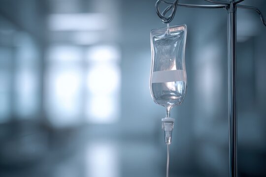 Close-up of an IV bag hanging on a metal pole in a hospital room, with the focus on the IV bag containing a white fluid, and a blurred background Generative AI - Powered by Adobe