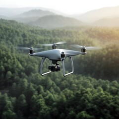 Fototapeta premium A drone hovering in the air with a forest and mountains in the background on a sunny day landscape view