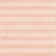 Seamless pink floral lace ribbons silhouette, ornate medallion border pattern. Horizontal dainty lacy stripes frame the central design. Fabric texture background.