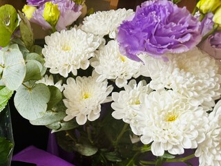 white-purple bouquet of flowers, white chrysanthemums, purple eustoma 